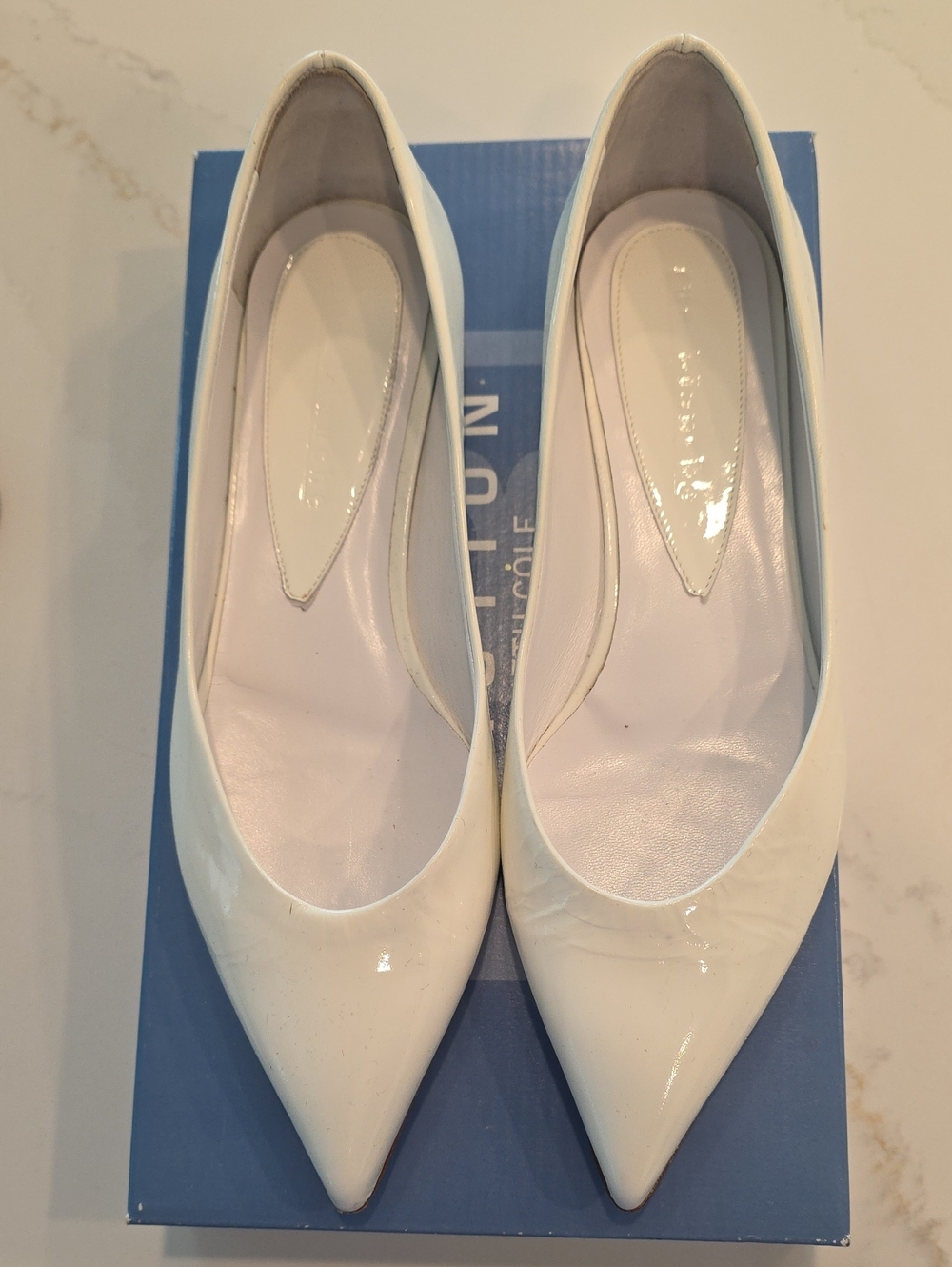 Rue Blanche Women’s White Patent Pointed  Toe Flats — With Leather Soles. NEW